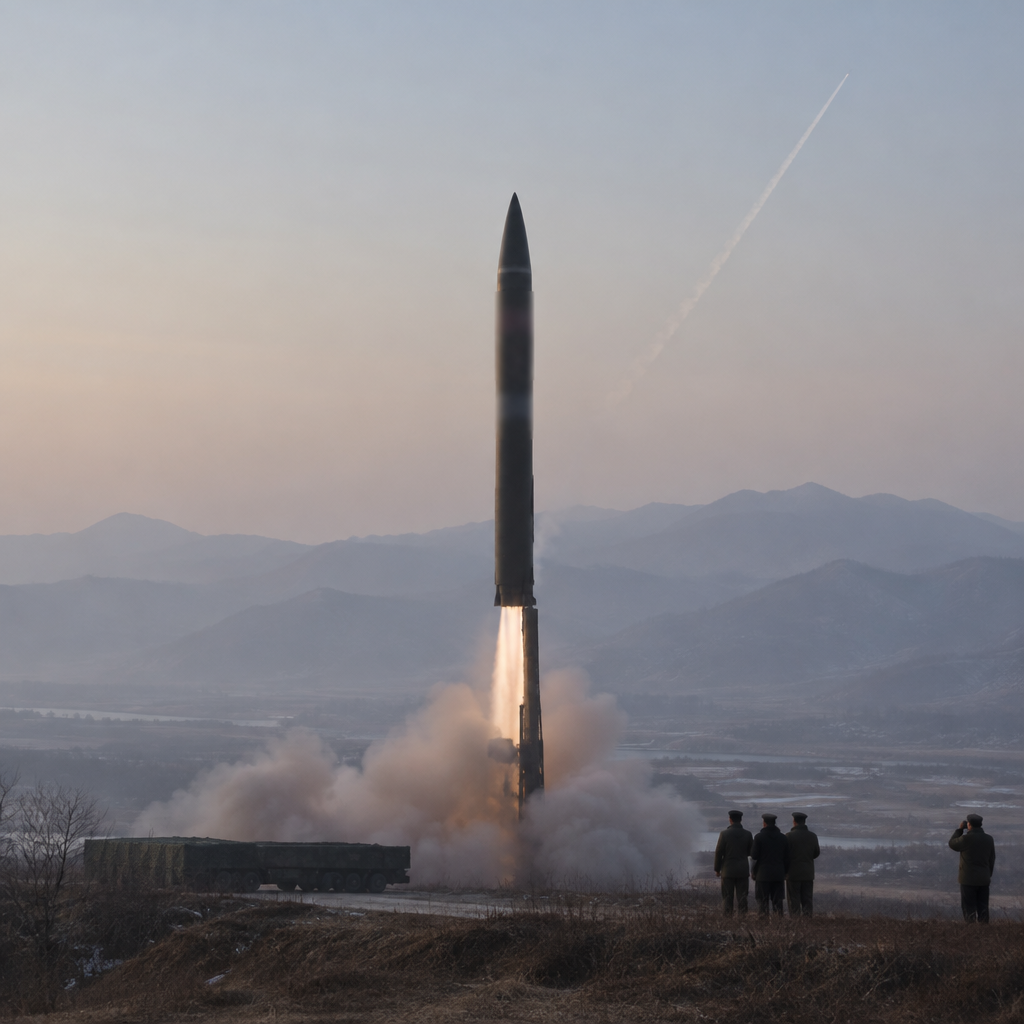 North Korean missile launch site at dawn with a recently-launched missile and observers in the distance.