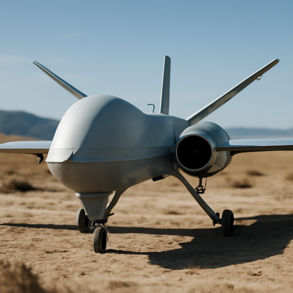 Jet-powered military drone centered in a rugged outdoor setting with a clear blue sky.