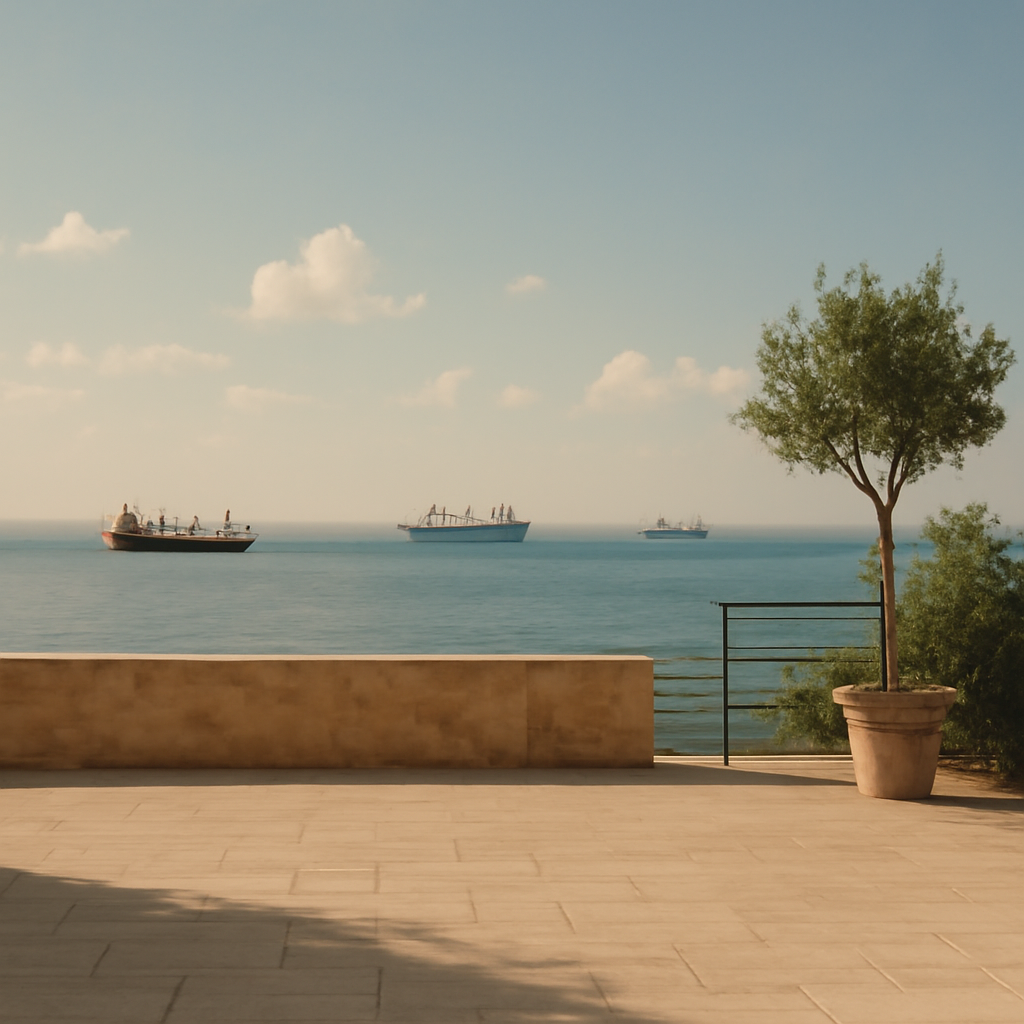 A serene Mediterranean port with a few commercial ships in the distance, a low stone wall and potted plants in the…