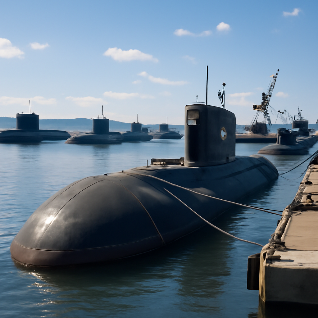Russian submarines docked at Pacific naval base with support ships and cranes.