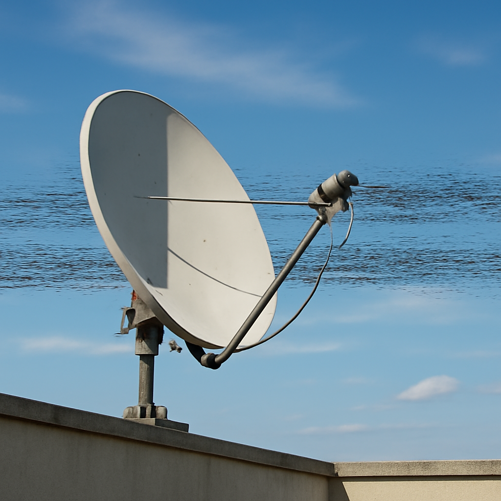 Satellite dish on a rooftop with subtle radio frequency interference under a clear blue sky.