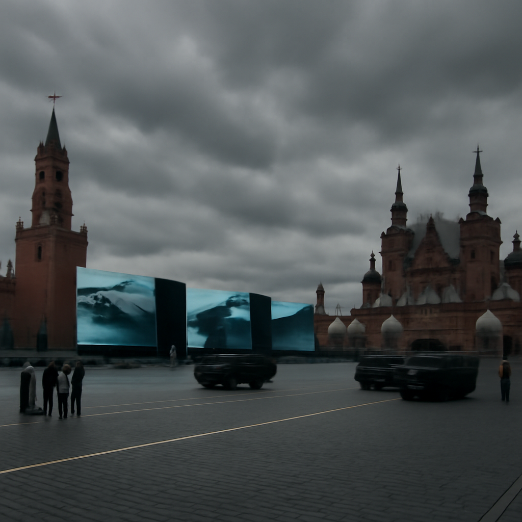 Partially empty Red Square with limited military display under a somber sky.