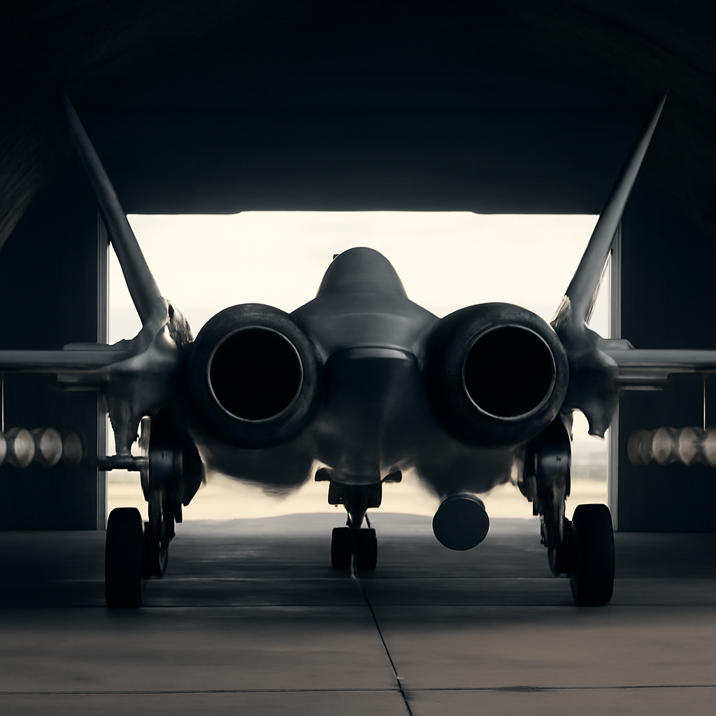 Sukhoi Su-57 fighter jet with missiles and mysterious pod in dimly lit shelter.