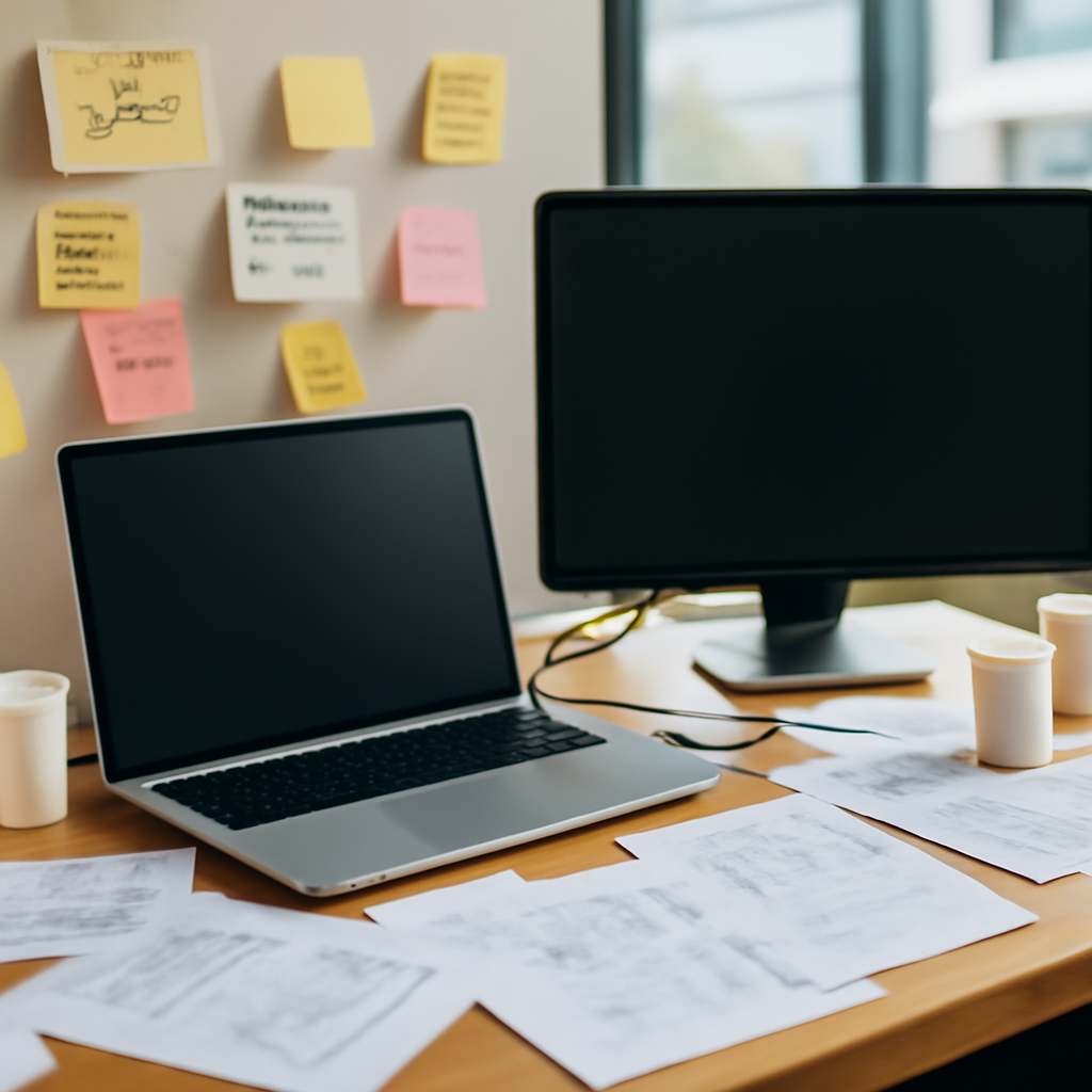 Cluttered software development workspace with laptop, monitor, and papers, amidst a blurred city or office background.
