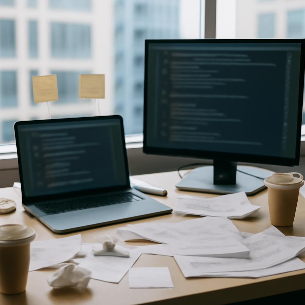 Cluttered software development workspace with laptop and monitor amidst papers and coffee cups, with cityscape visible…
