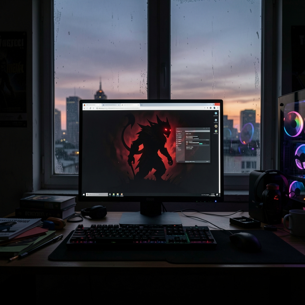 Darkened gaming room with a single flickering computer screen casting eerie glow, displaying a silhouette of a mythical…