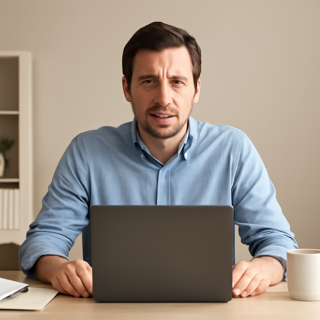 Person sitting at computer with concerned expression, surrounded by office items.