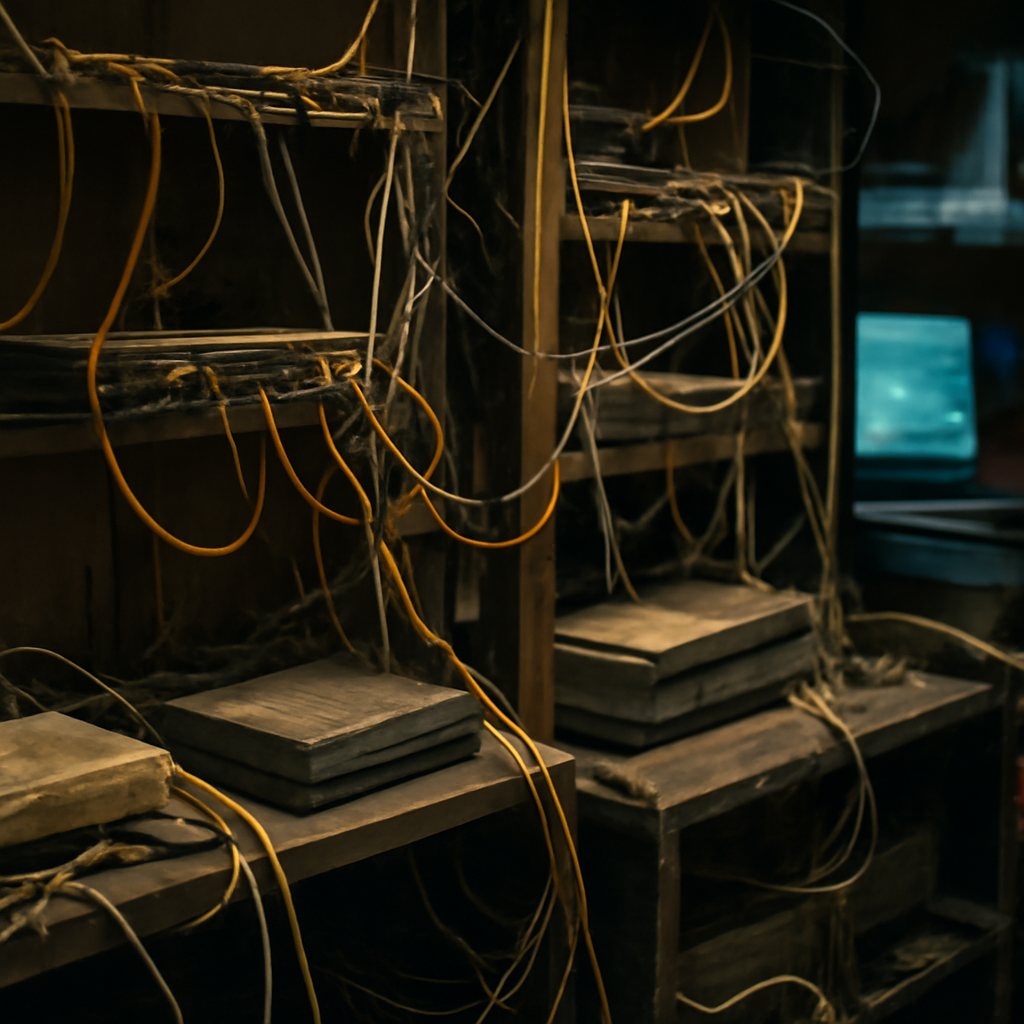 Dimly lit network closet with scattered outdated devices and cables.