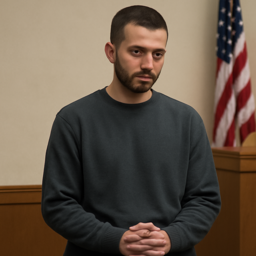 Ardit Kutleshi, a somber-looking 28-year-old man, stands or sits in a formal law enforcement setting.