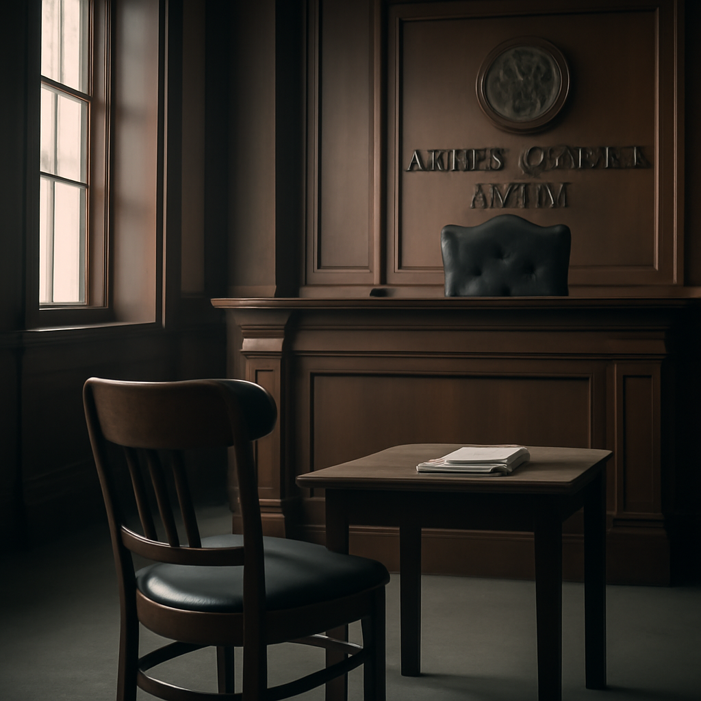 Empty chair faces judge's bench in a US courthouse interior.