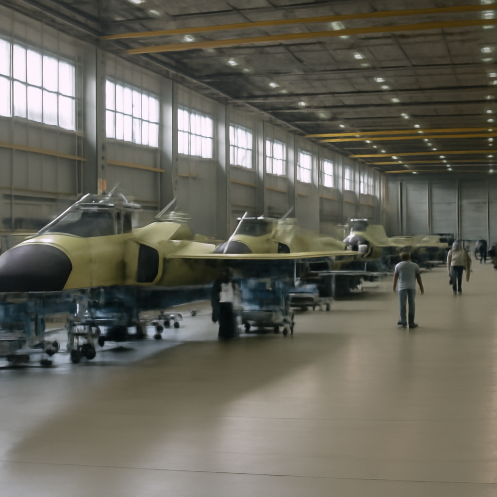 Rows of partially assembled Gripen fighter jets on a Saab factory floor with technicians in the background.