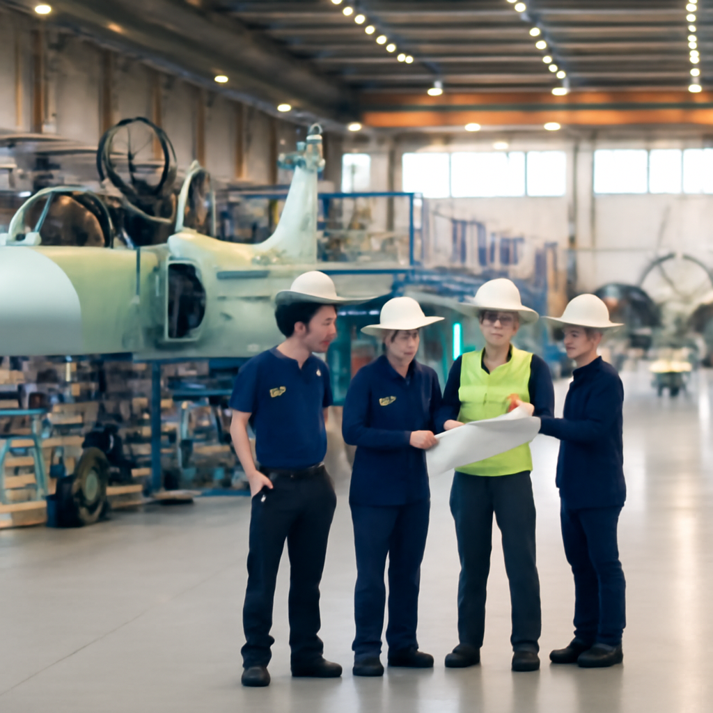 Saab and Embraer officials stand together on a factory floor with Gripen jets under production.