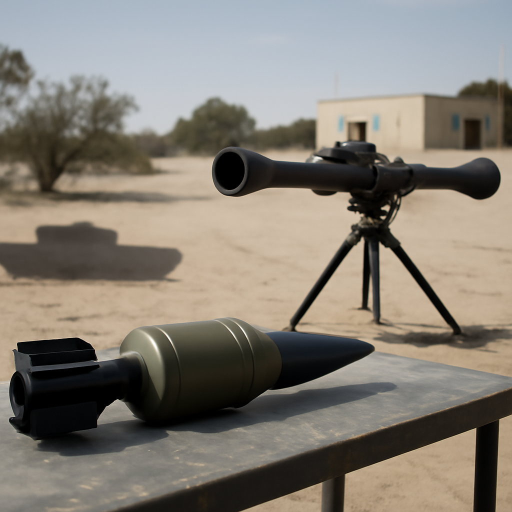 Recoilless rifle and tandem-warhead round on display at a military test center.