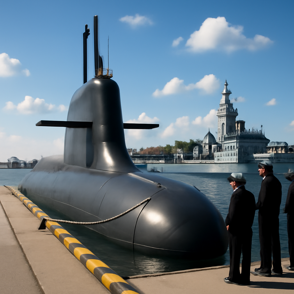 Modern submarine docked in Baltic Sea port with Polish naval vessel and sailors in background.