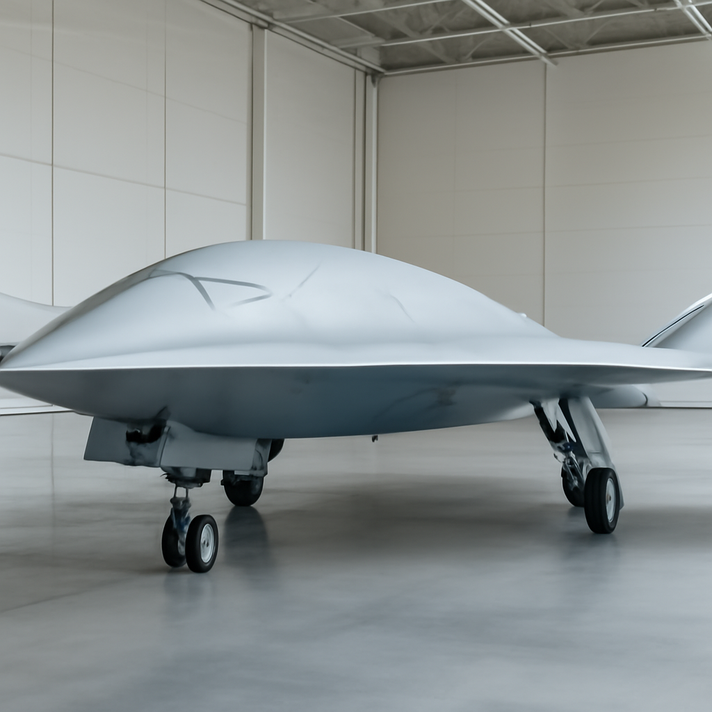 Sleek, futuristic unmanned aircraft mockup on display indoors with minimalist background.