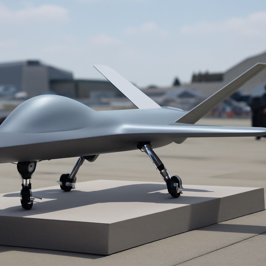 Futuristic drone model on display at outdoor event with blurred background.