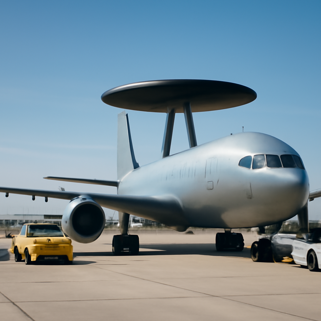 Airborne early warning aircraft with radar system parked on tarmac surrounded by support vehicles under clear blue sky.