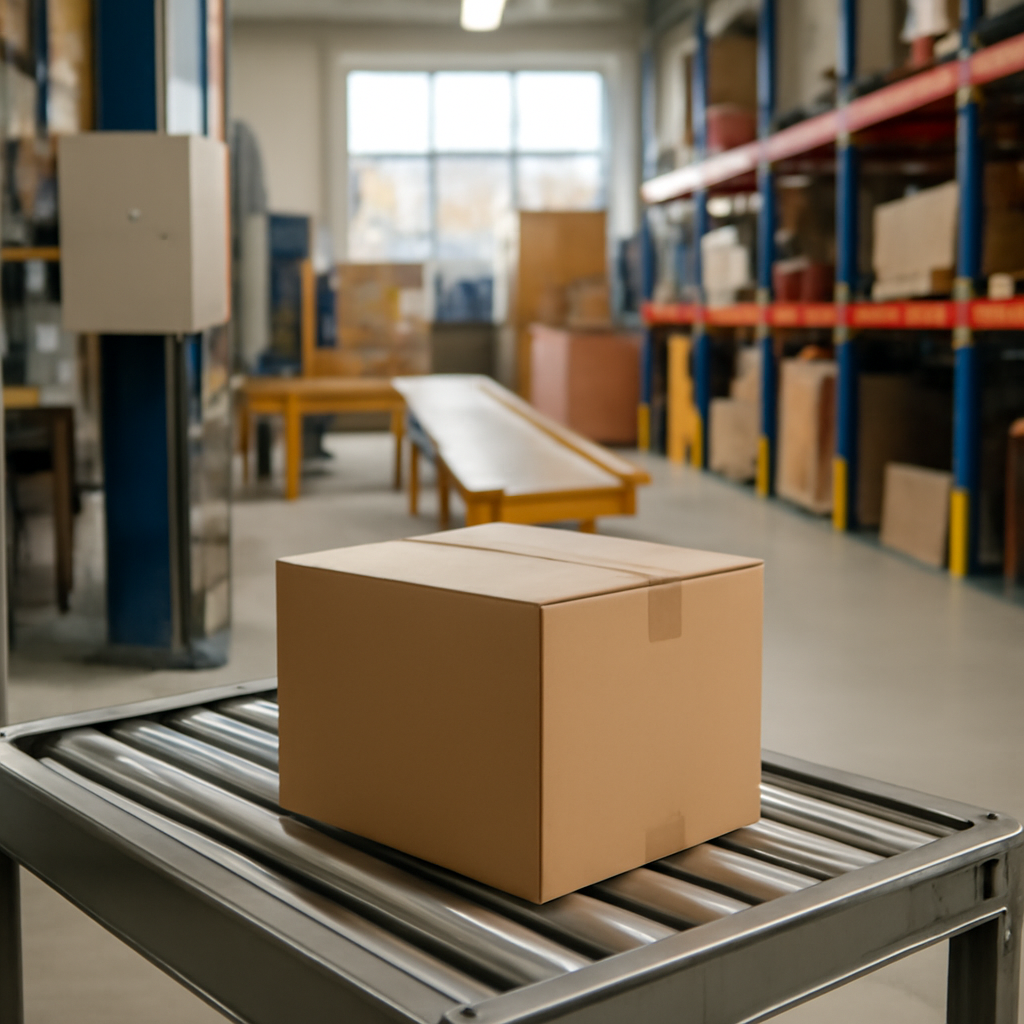 A shipping box on a conveyor belt in a brightly-lit logistics facility with industrial equipment and shelving units.