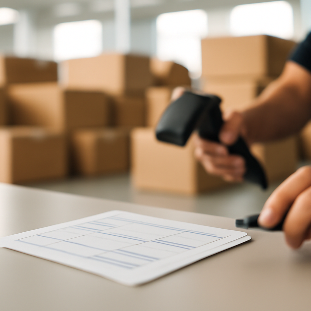 Blurred shipping label on a surface with rows of packages in the background.