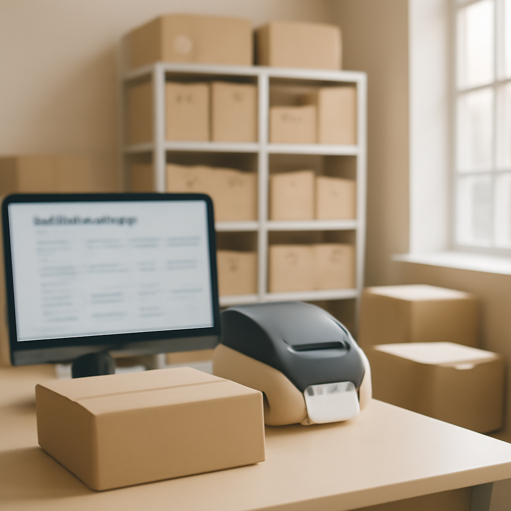 A brightly-lit shipping area with shelving in the background and a blurred order-tracking screen or shipping label printer…