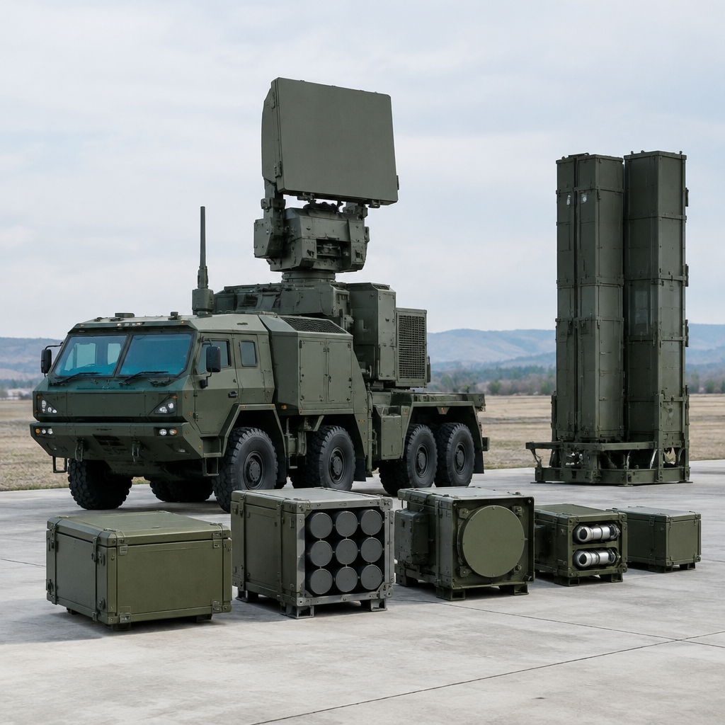 Modular air defense system with interchangeable modules on display in a testing range.