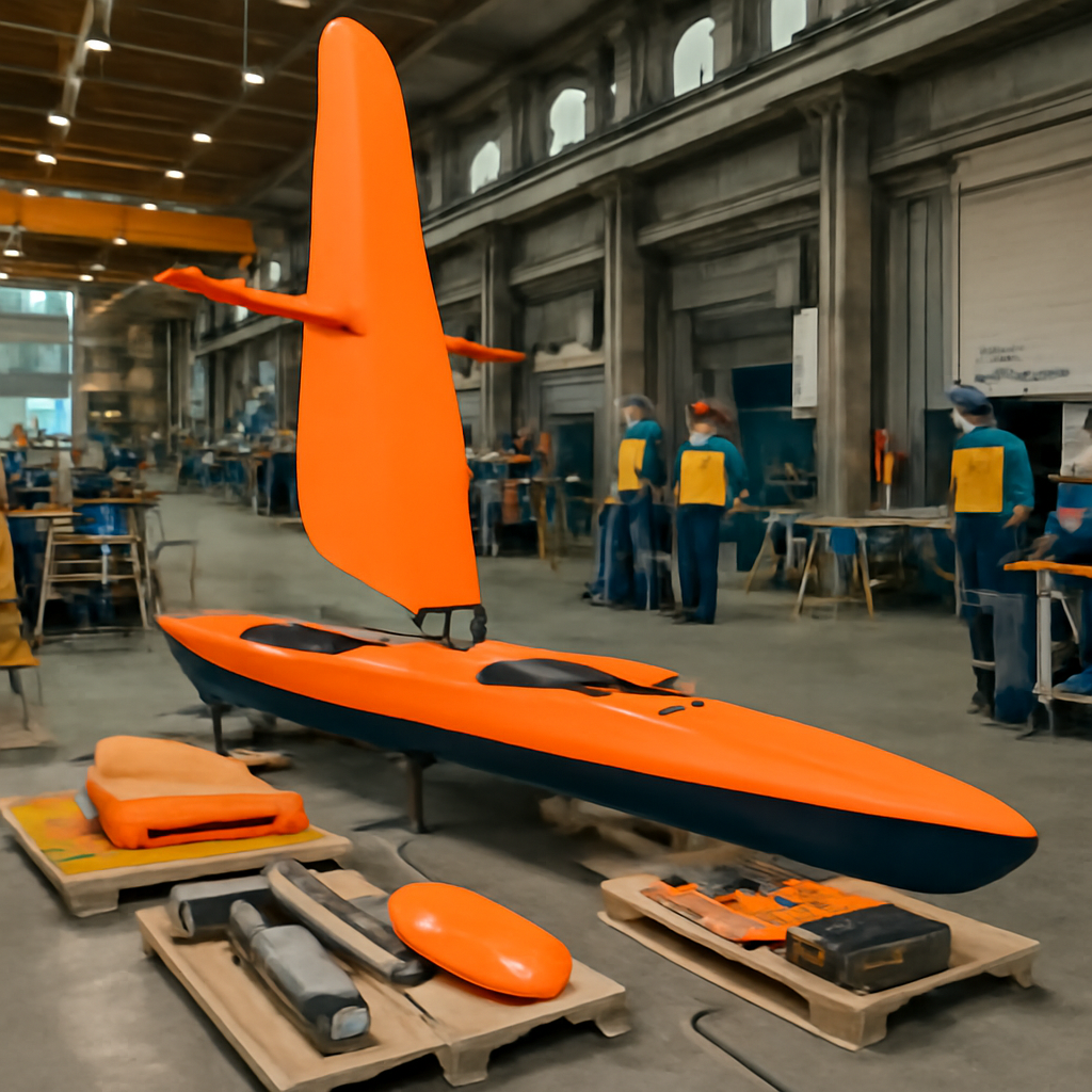Saildrone unmanned surface vessel under construction with workers and equipment in a brightly-lit manufacturing facility.