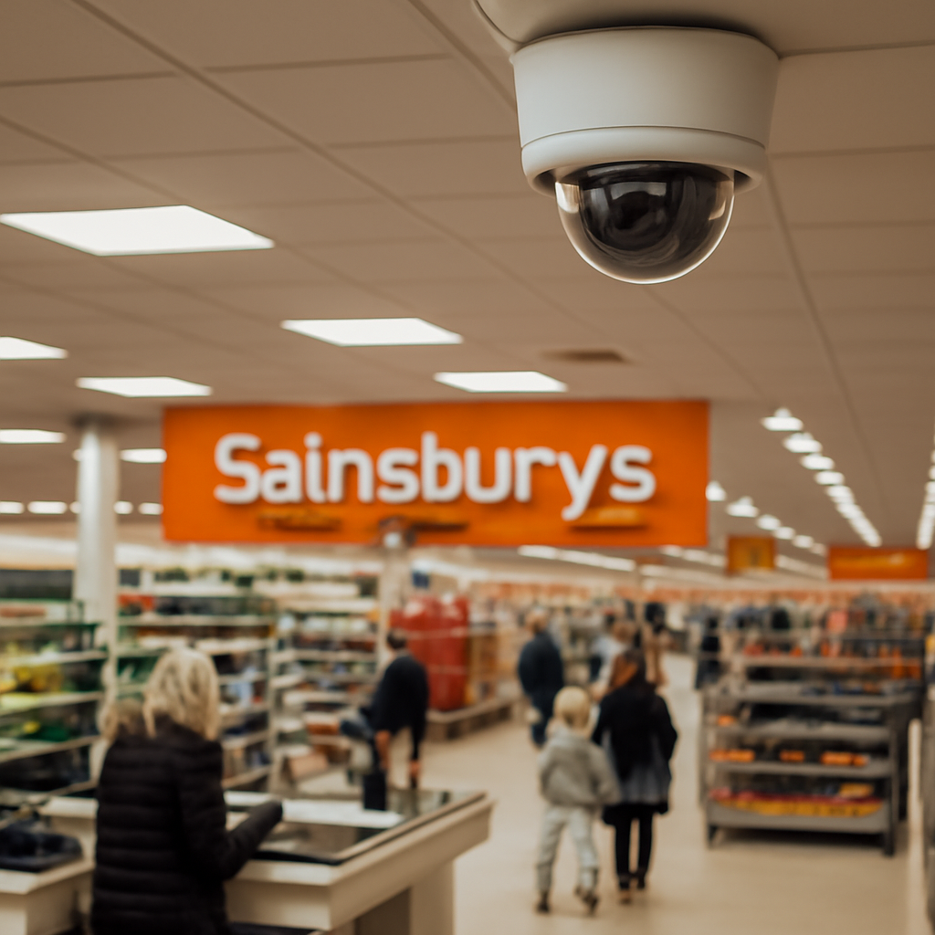 Sainsbury's supermarket interior with shoppers and a discreet security camera.