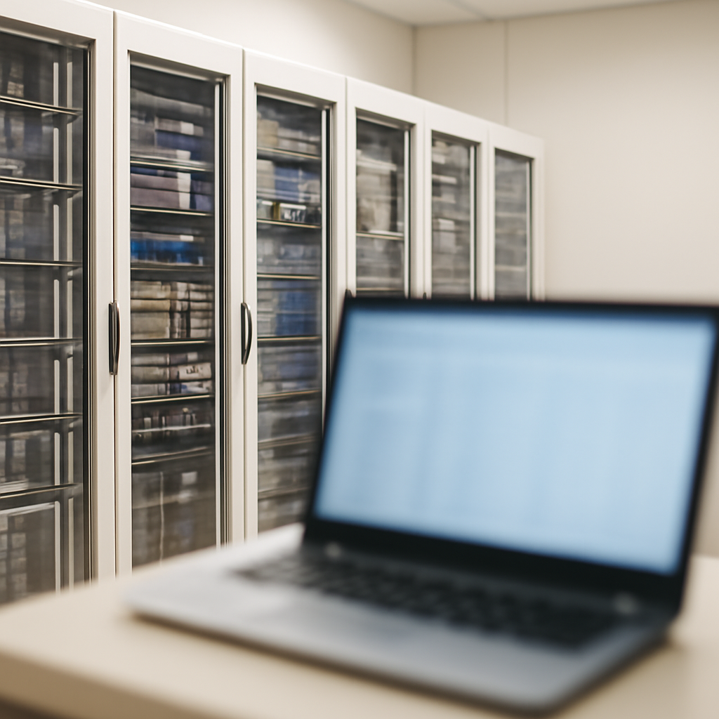 Rows of computer servers and networking equipment in a brightly-lit data center with a blurred laptop screen in the…