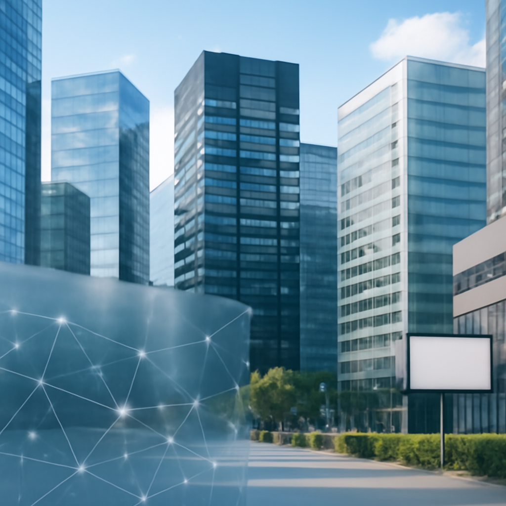 Modern cityscape with sleek and industrial buildings, subtle network lines in foreground.