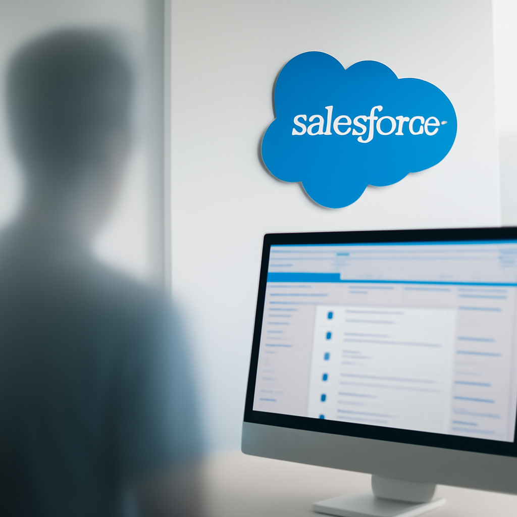 Blurred office background with CRM system on screen, data extraction symbol in foreground.