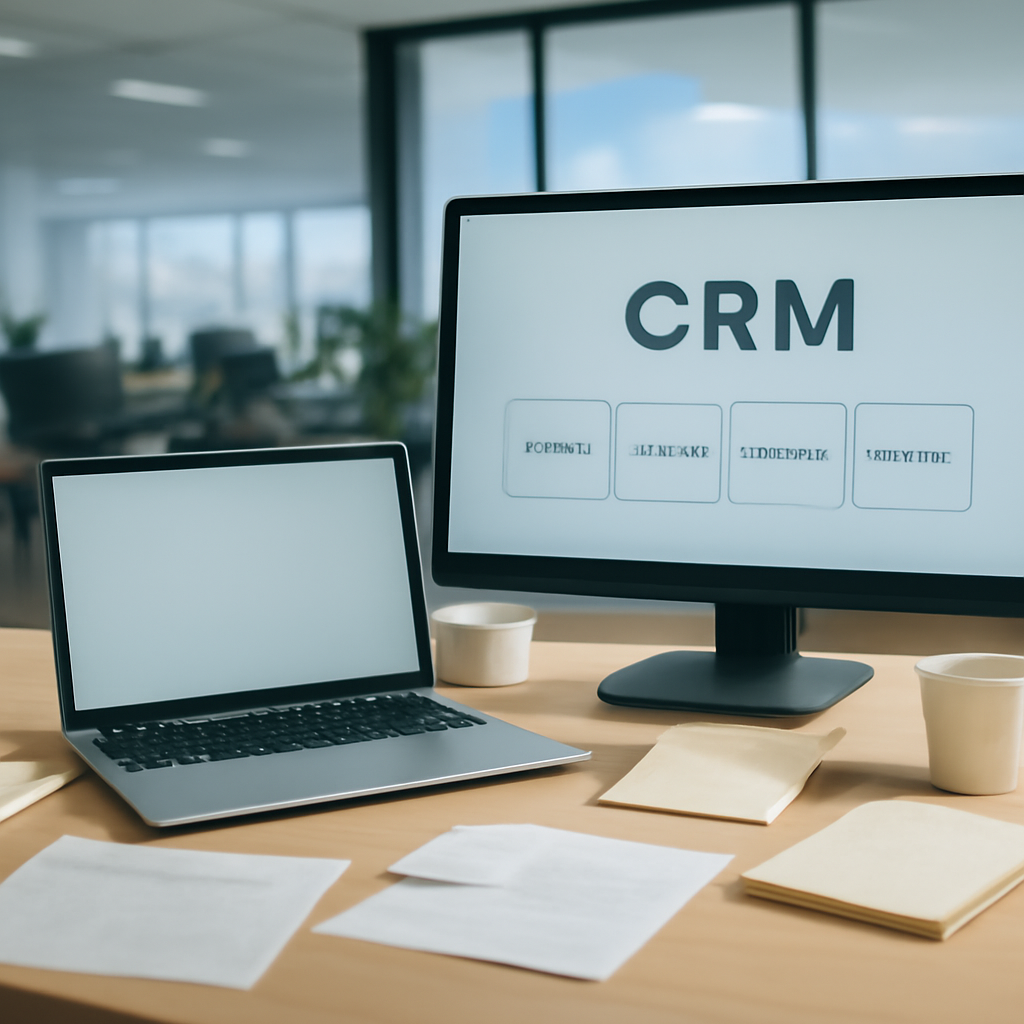 Modern office workstation with laptop and monitor displaying CRM software interface amidst papers and coffee cups.