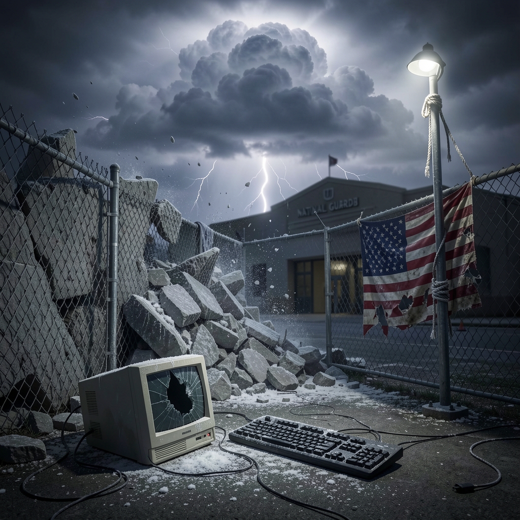 Breached security perimeter with salt-encrusted debris and destroyed computer terminal on a stormy night.