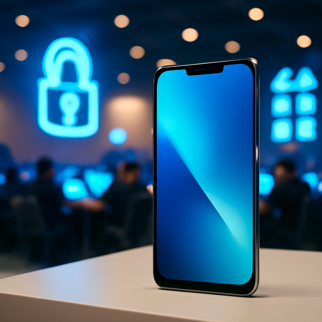 Sleek smartphone on a podium in a bright, cybersecurity event setting.