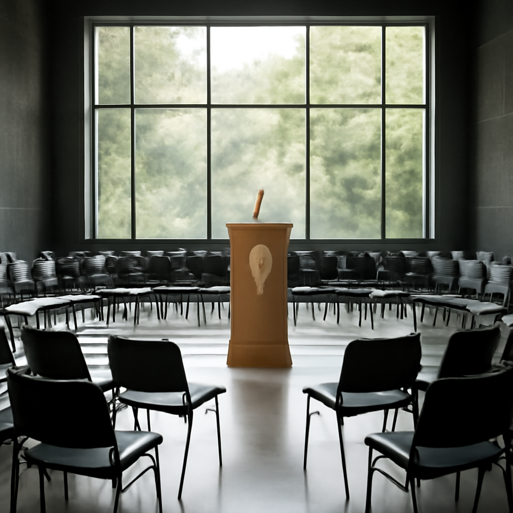 Empty public forum with podium and chairs, bathed in light from a large window.