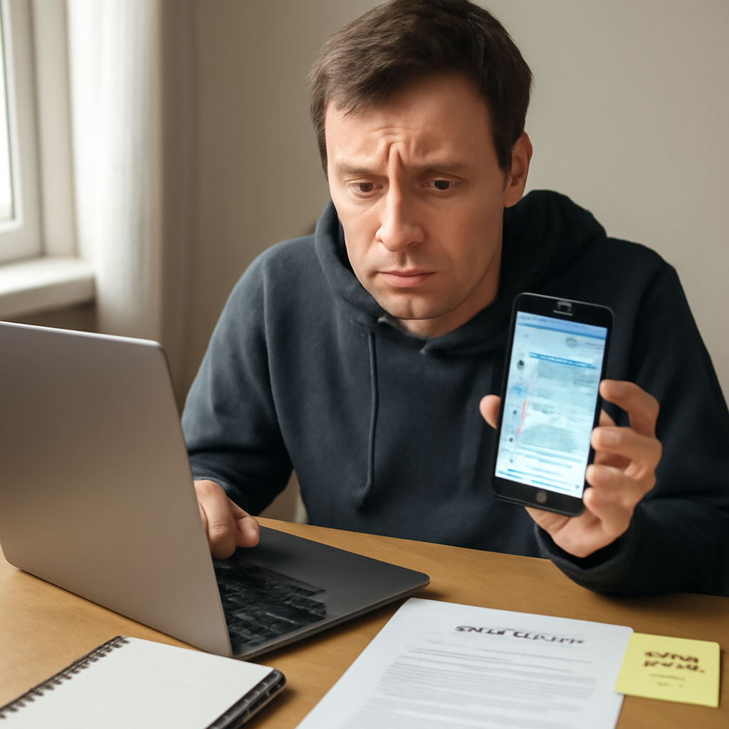 System administrator looks concerned at phone with Telegram conversation, surrounded by work materials on desk.