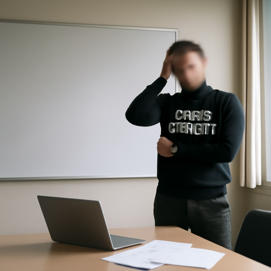 Cybersecurity pro stands by whiteboard, surrounded by laptop and notes, looking concerned.