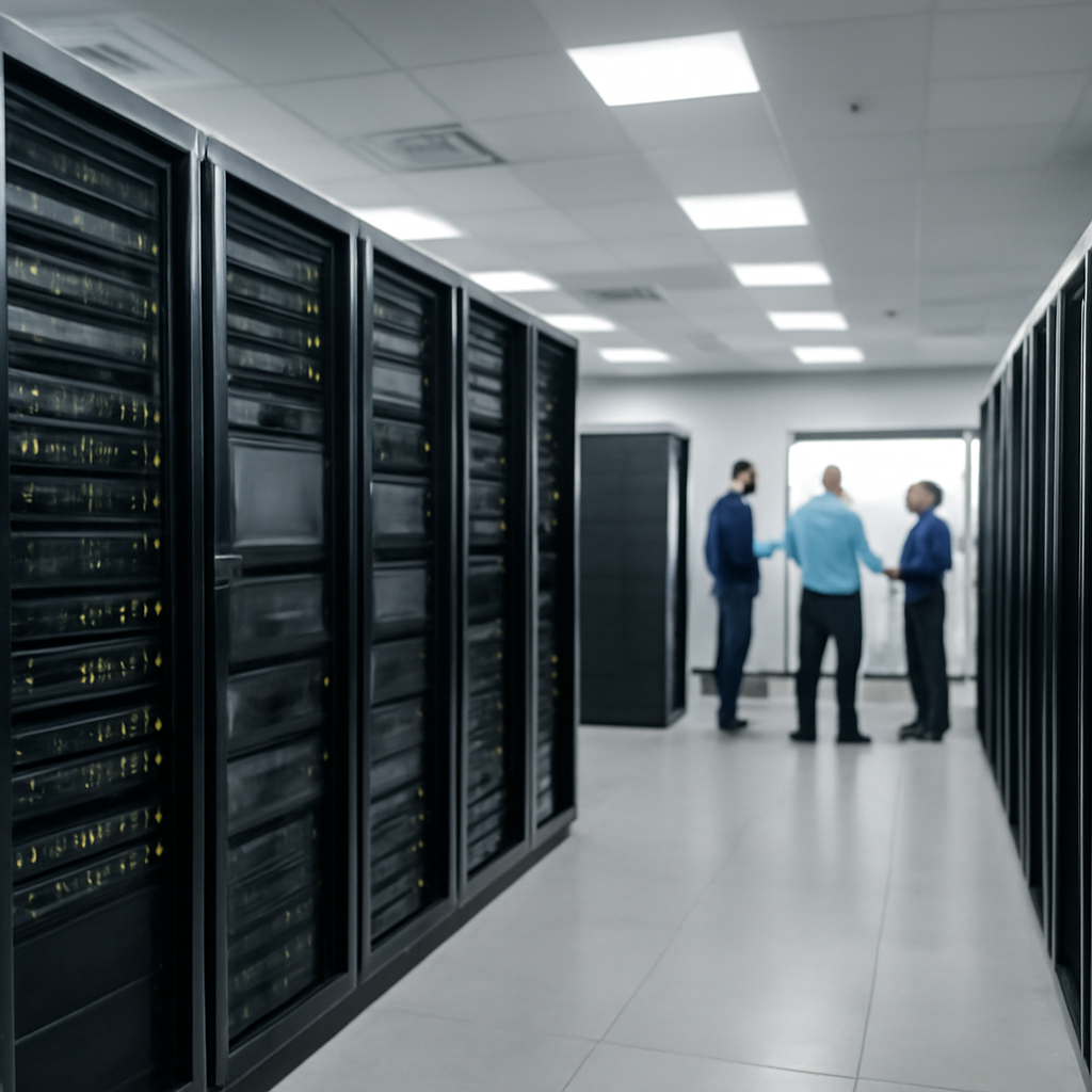 Modern data center with rows of servers and IT professionals in the background discussing in front of a large screen.