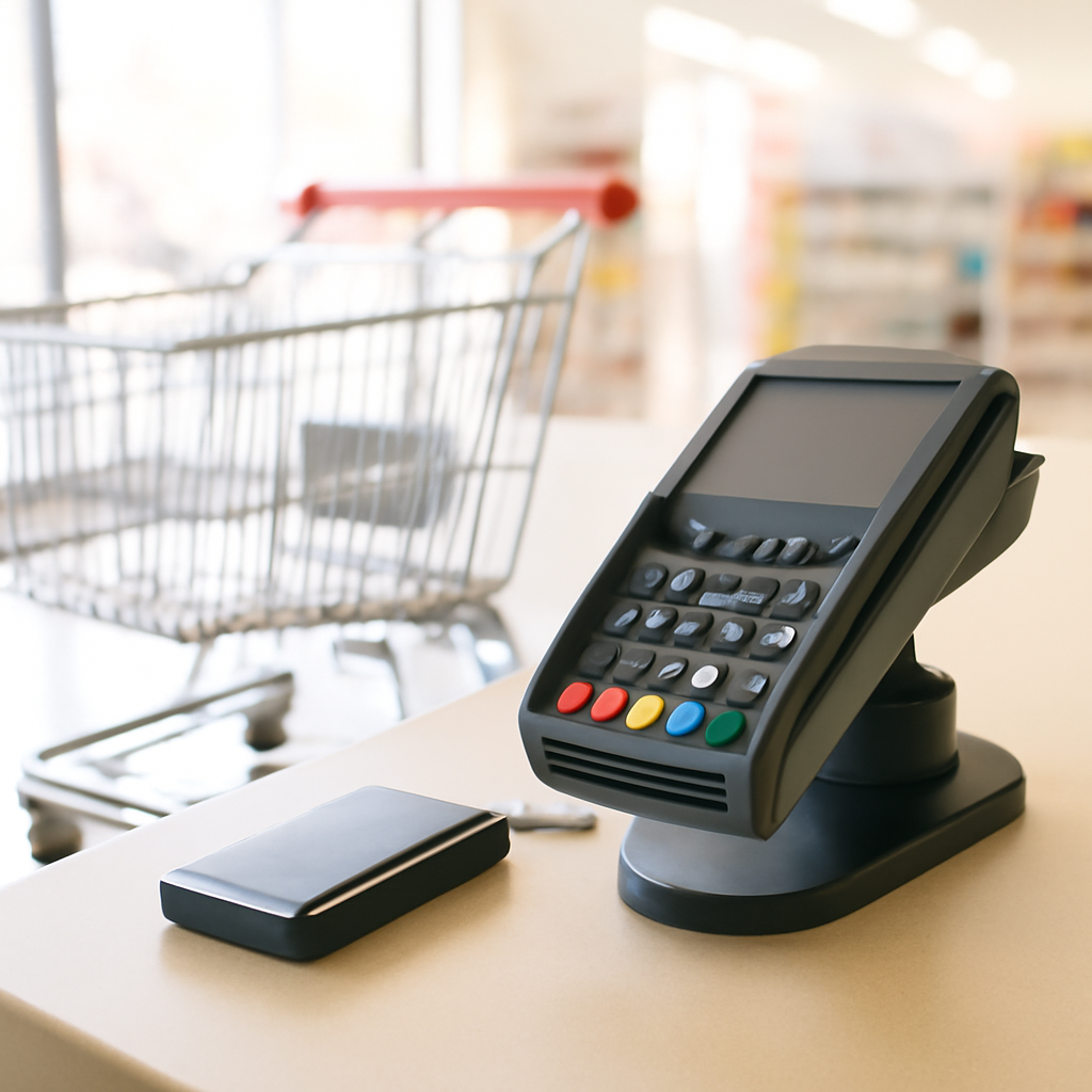 Retail store checkout counter with point-of-sale terminal and shopping cart.