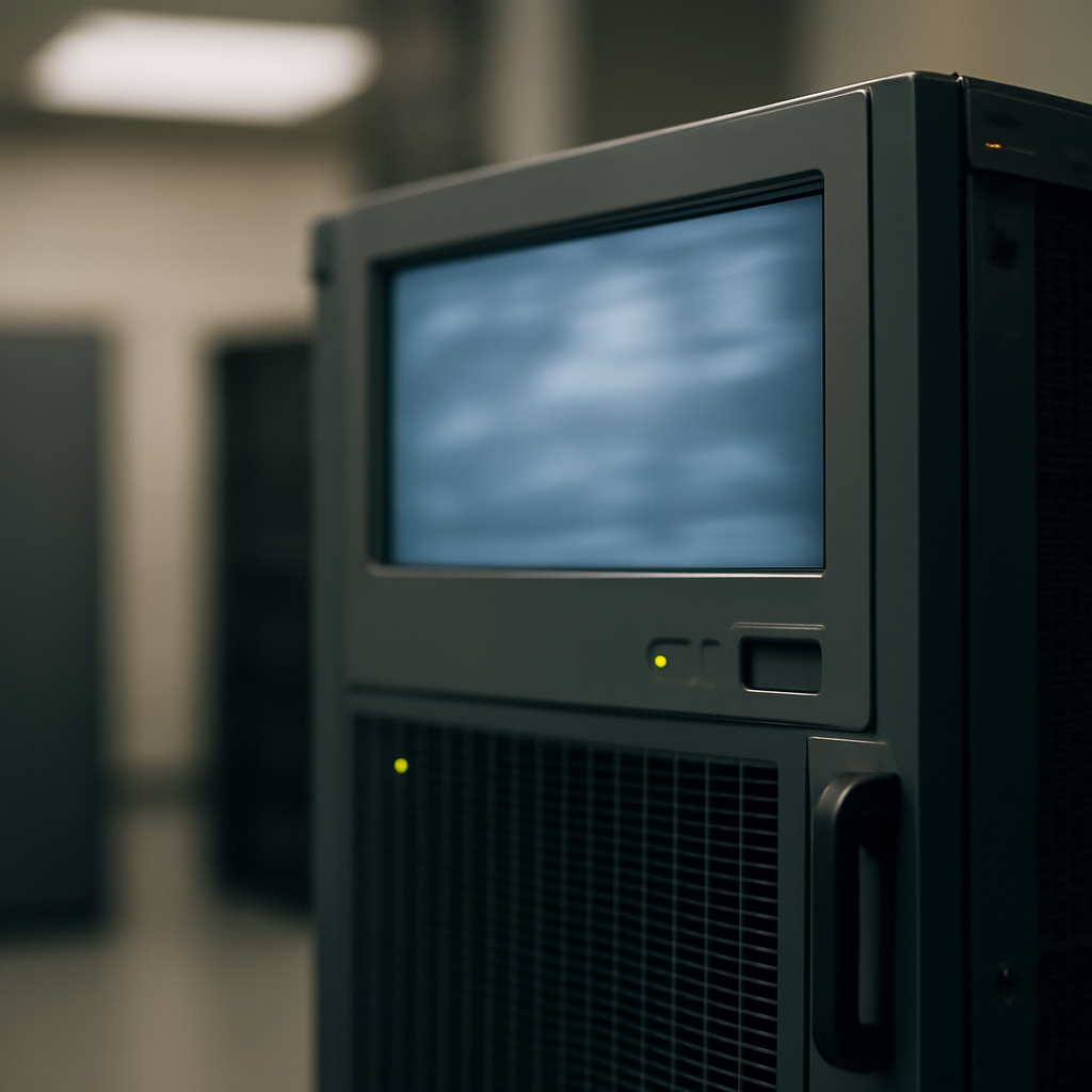 Close-up of industrial computer server in softly lit corporate data center.