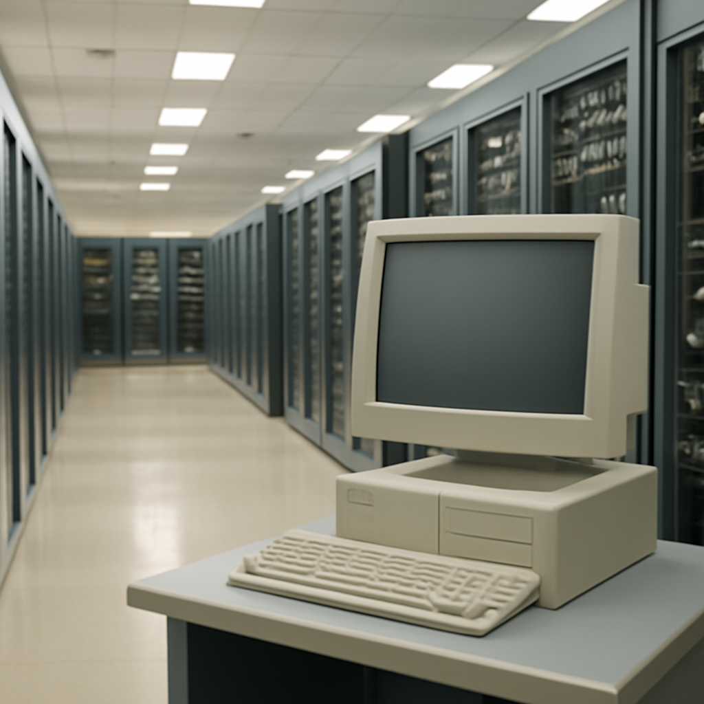 Rows of computer servers and networking equipment in a brightly-lit server room with a single terminal in the foreground.