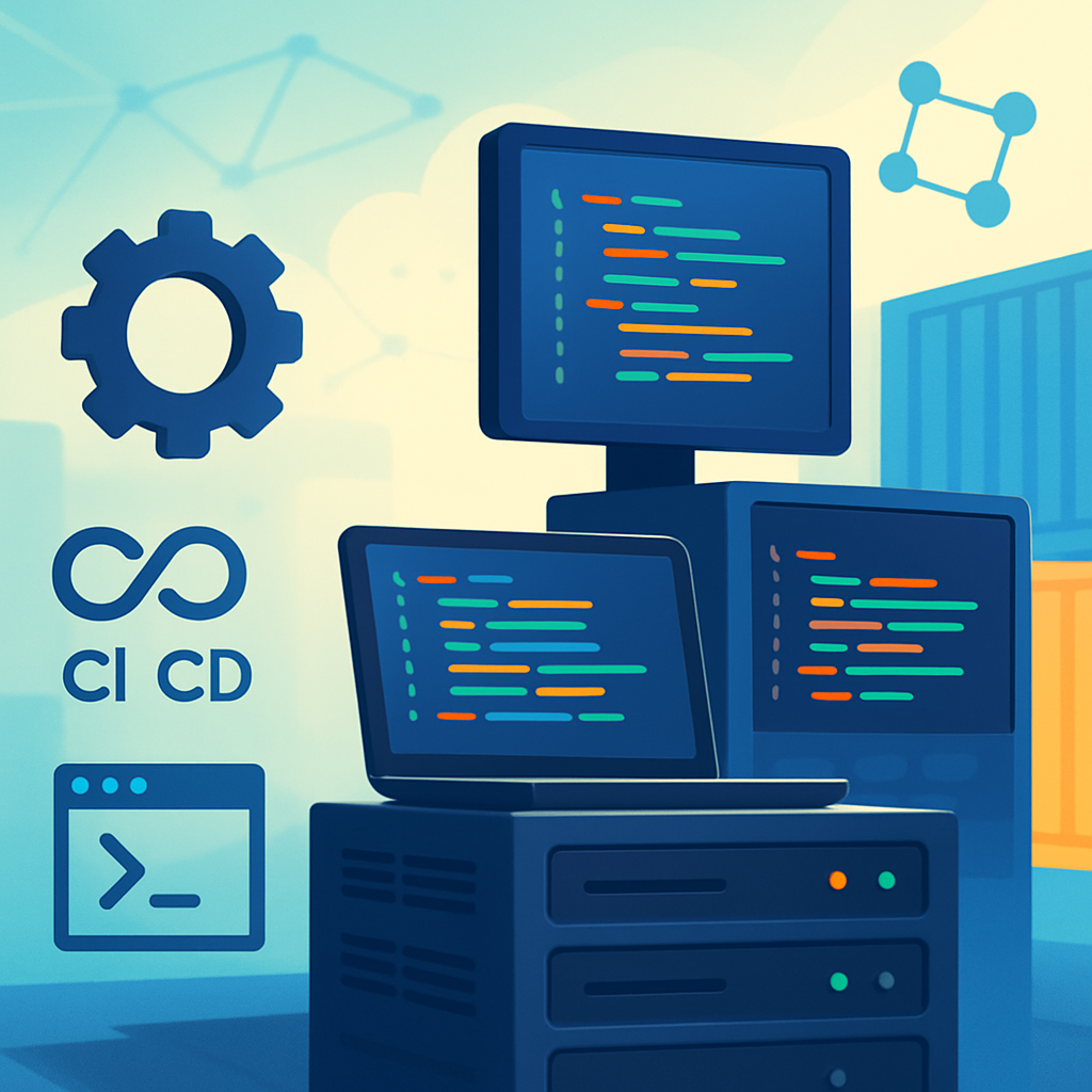 Software development workstation with code editor and blurred tools, hinting at supply chain logistics in background.