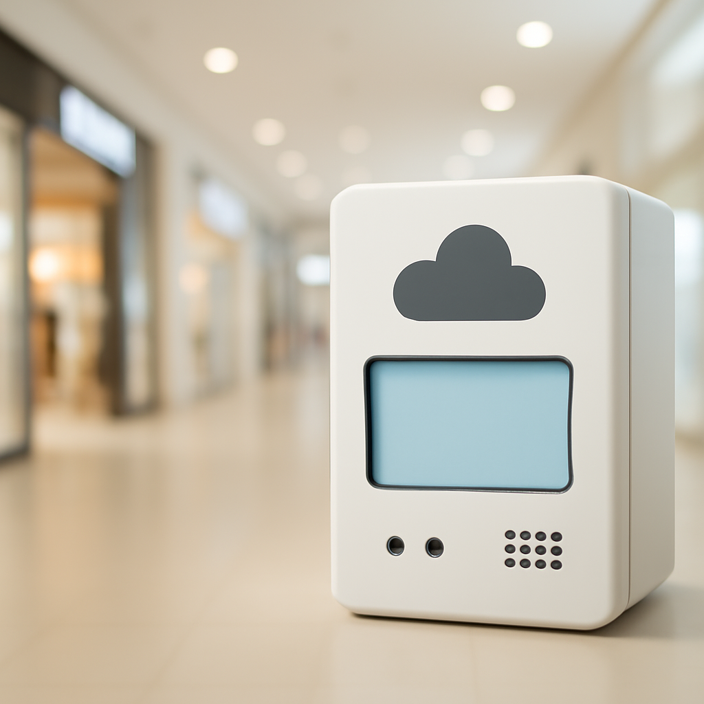 Brightly-lit retail setting with a cloud-connected device in the foreground.