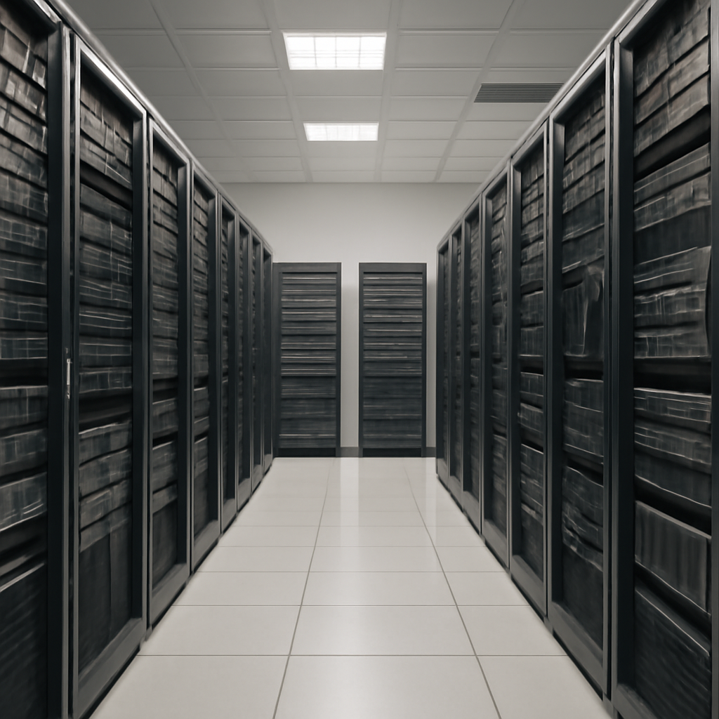 Rows of computer servers and storage equipment in a brightly-lit data center setting.