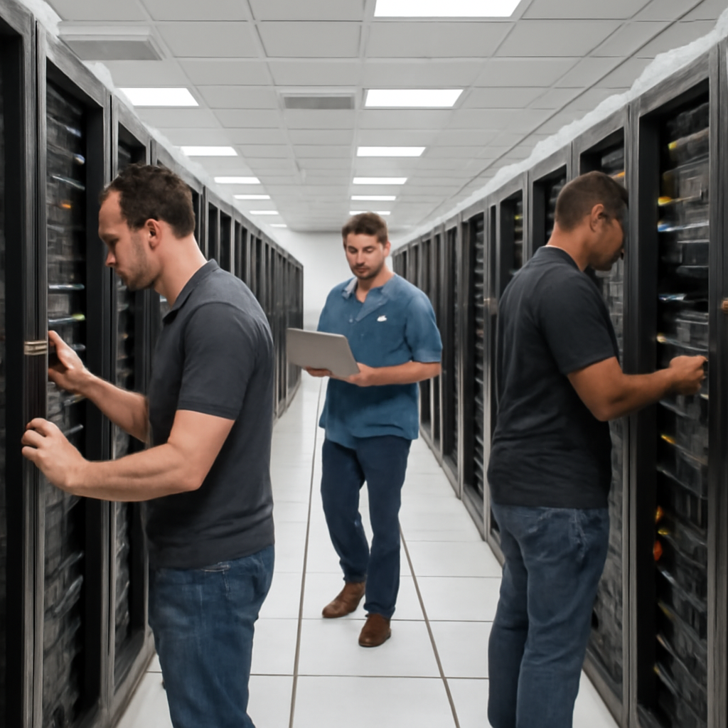 IT staff inspect equipment in a brightly-lit, modern enterprise data center.