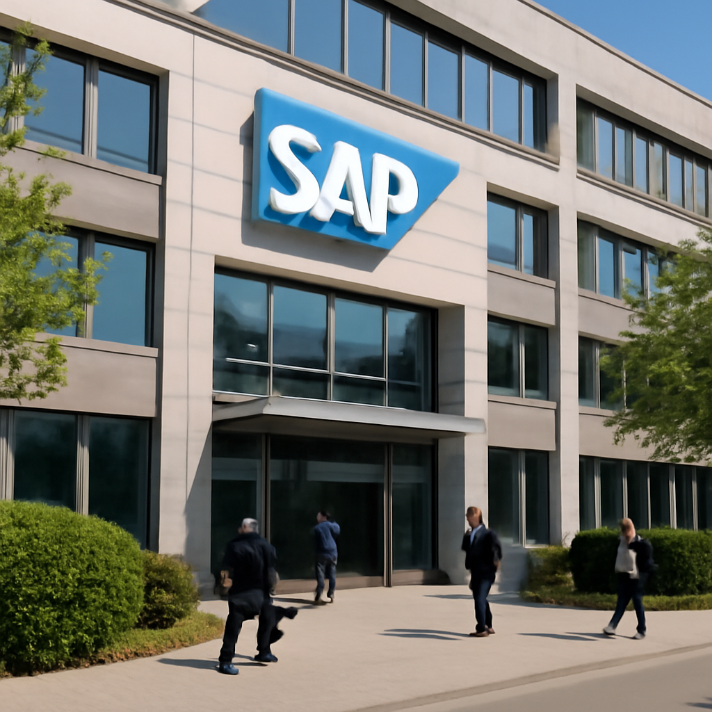 SAP headquarters building exterior with people walking in and out, surrounded by greenery.