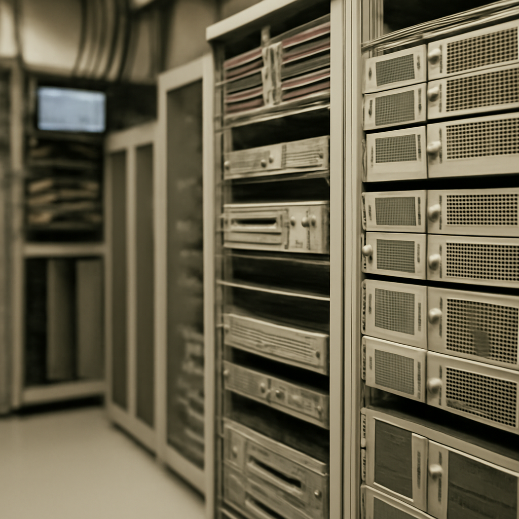 Rows of computer servers and networking equipment in a brightly-lit data center with monitoring screens and cables in the…