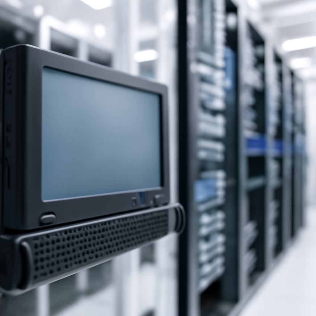 Rack-mounted computer equipment in a brightly-lit server room with a blank screen.