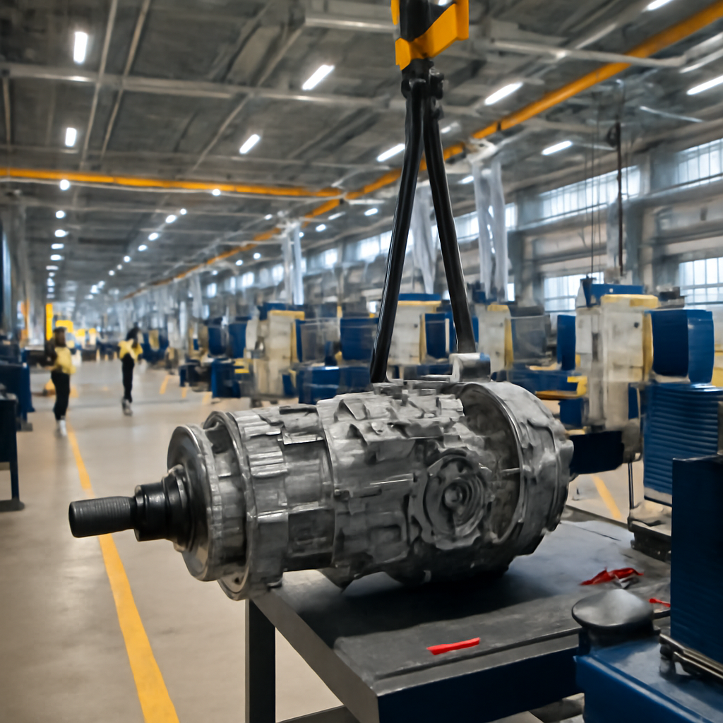 Industrial facility with rows of machinery and equipment, featuring a large vehicle transmission component on a workbench.