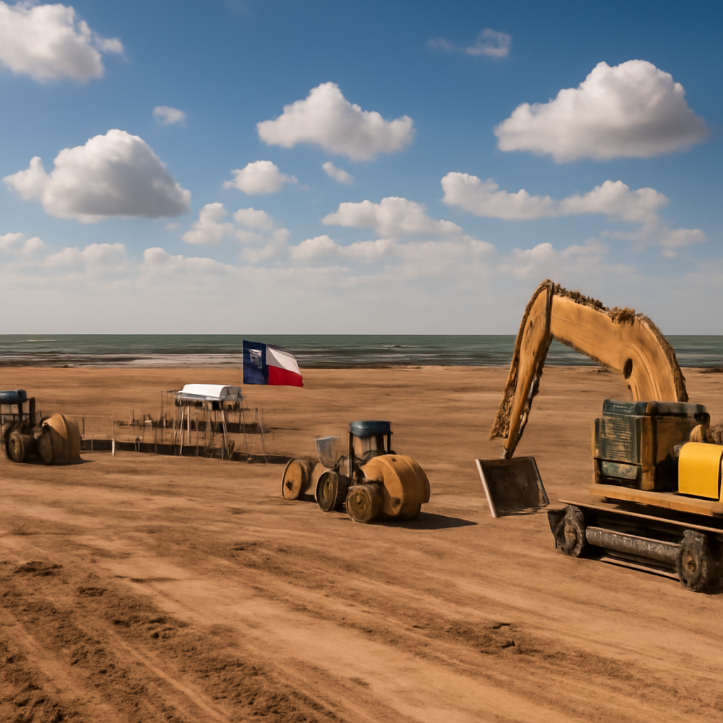 Construction site in Texas with groundbreaking ceremony, vehicles, and equipment, overlooking the Rio Grande.