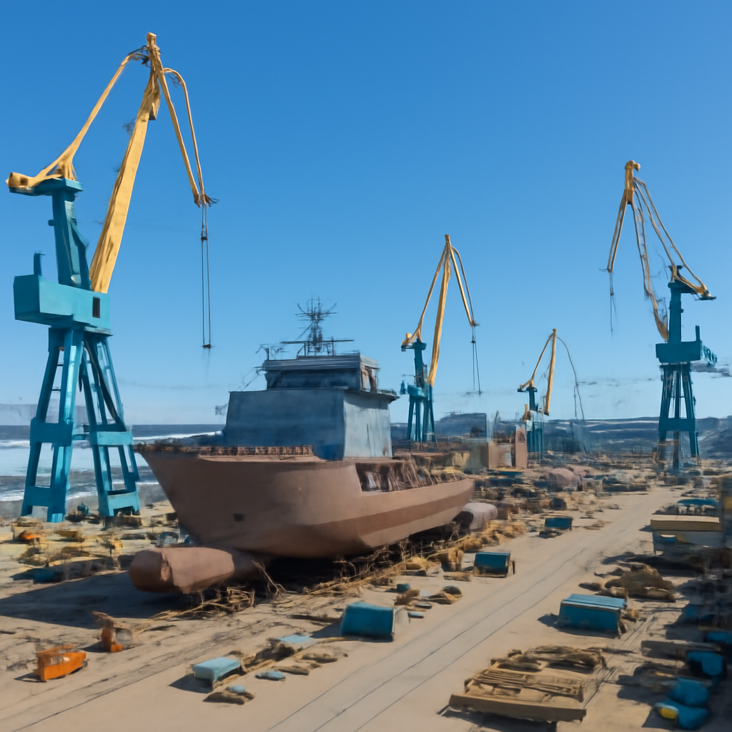 Large Texas shipyard with cranes and partially built vessel on launchpad, set against a clear blue sky.